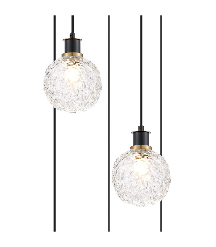 Placid 48cm Round Pendant 5 Light E14 15cm Round Textured Crumple Glass Shade Brass Clear & Satin Black-6