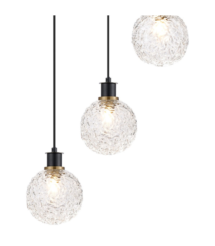 Placid 48cm Round Pendant 5 Light E14 15cm Round Textured Crumple Glass Shade Brass Clear & Satin Black-7
