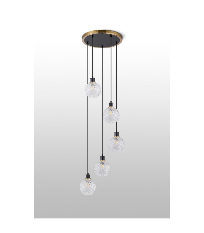 Placid 48cm Round Pendant 5 Light E14 15cm Round Textured Crumple Glass Shade Brass Clear & Satin Black-8