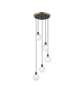 Placid 48cm Round Pendant 5 Light E14 15cm Round Textured Diamond Pattern Glass Shade Brass Clear & Satin Black-1