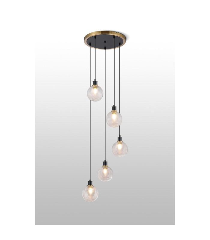 Placid 48cm Round Pendant 5 Light E14 15cm Round Textured Diamond Pattern Glass Shade Brass Clear & Satin Black-3