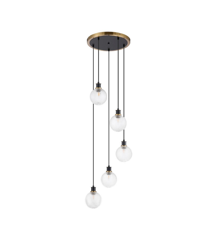 Placid 48cm Round Pendant 5 Light E14 15cm Round Textured Diamond Pattern Glass Shade Brass Clear & Satin Black-4