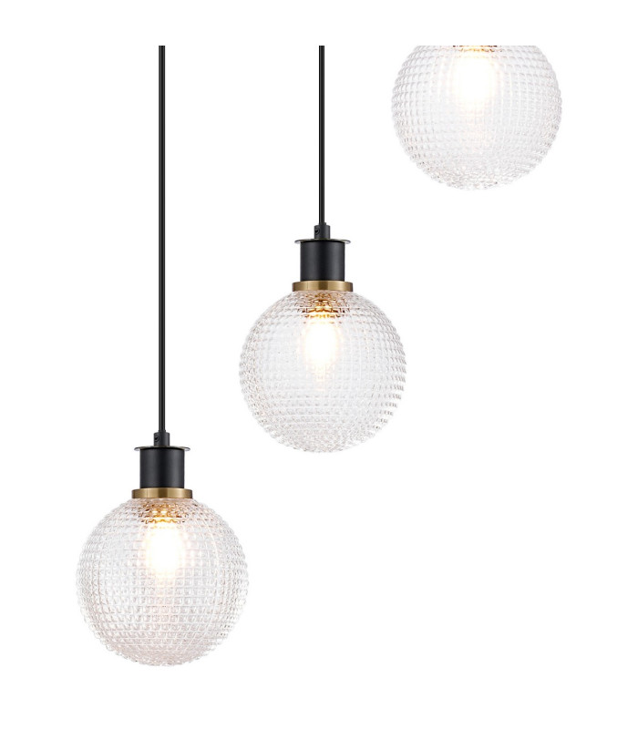 Placid 48cm Round Pendant 5 Light E14 15cm Round Textured Diamond Pattern Glass Shade Brass Clear & Satin Black-7