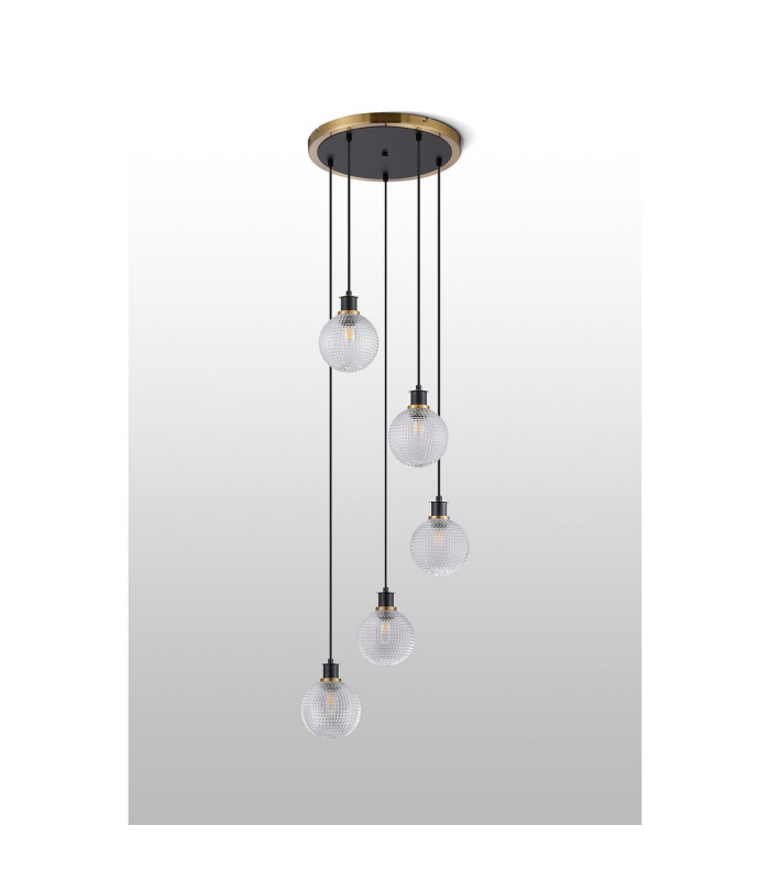Placid 48cm Round Pendant 5 Light E14 15cm Round Textured Diamond Pattern Glass Shade Brass Clear & Satin Black-8