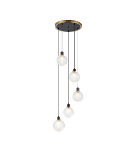 Placid 48cm Round Pendant 5 Light E14 15cm Round Dimpled Glass Shade Brass Clear & Satin Black-1
