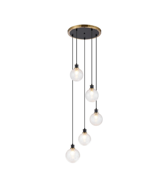 Placid 48cm Round Pendant 5 Light E14 15cm Round Dimpled Glass Shade Brass Clear & Satin Black-1