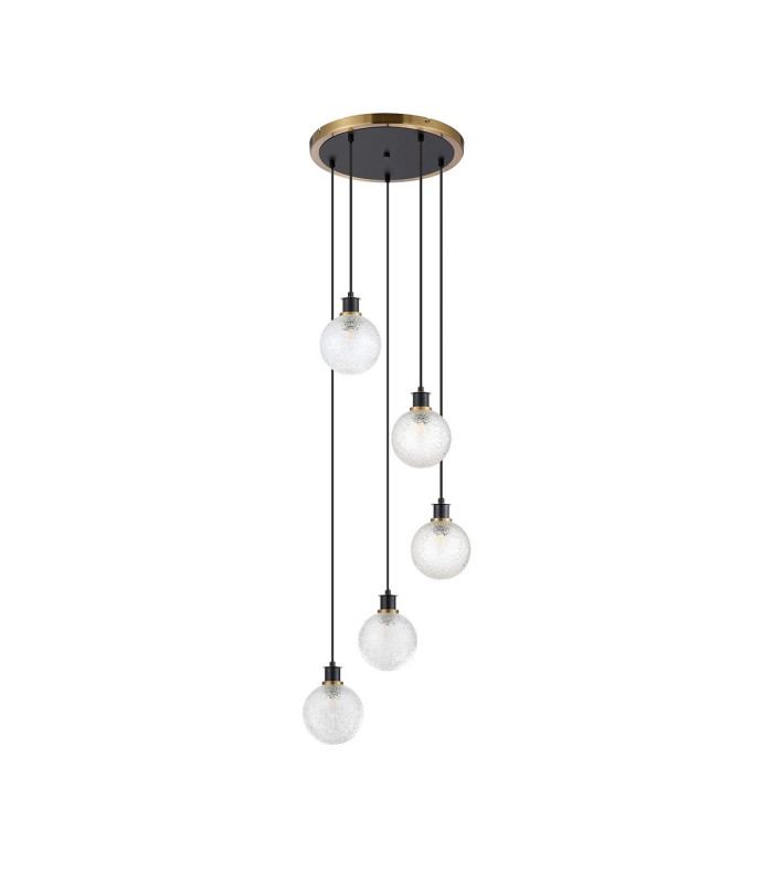 Placid 48cm Round Pendant 5 Light E14 15cm Round Dimpled Glass Shade Brass Clear & Satin Black-3