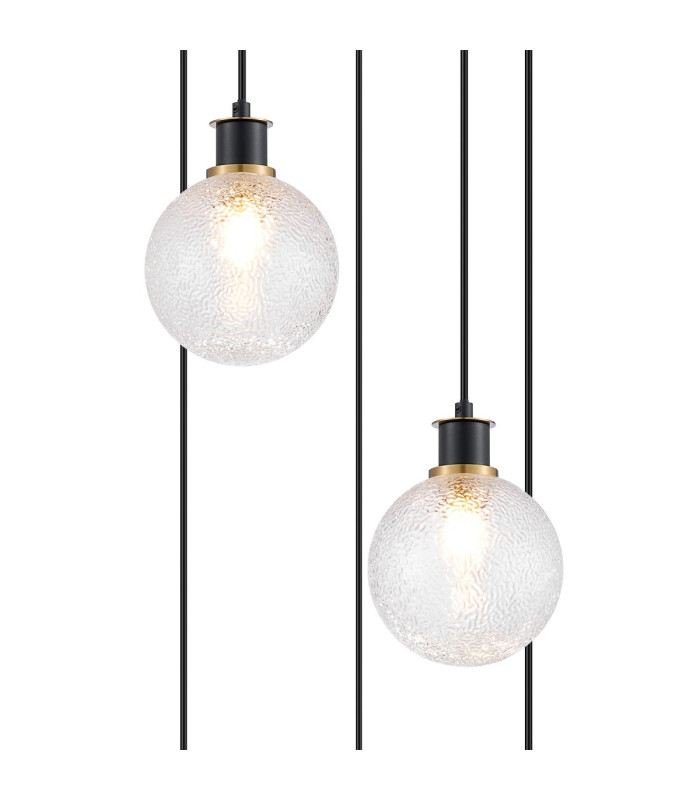 Placid 48cm Round Pendant 5 Light E14 15cm Round Dimpled Glass Shade Brass Clear & Satin Black-5