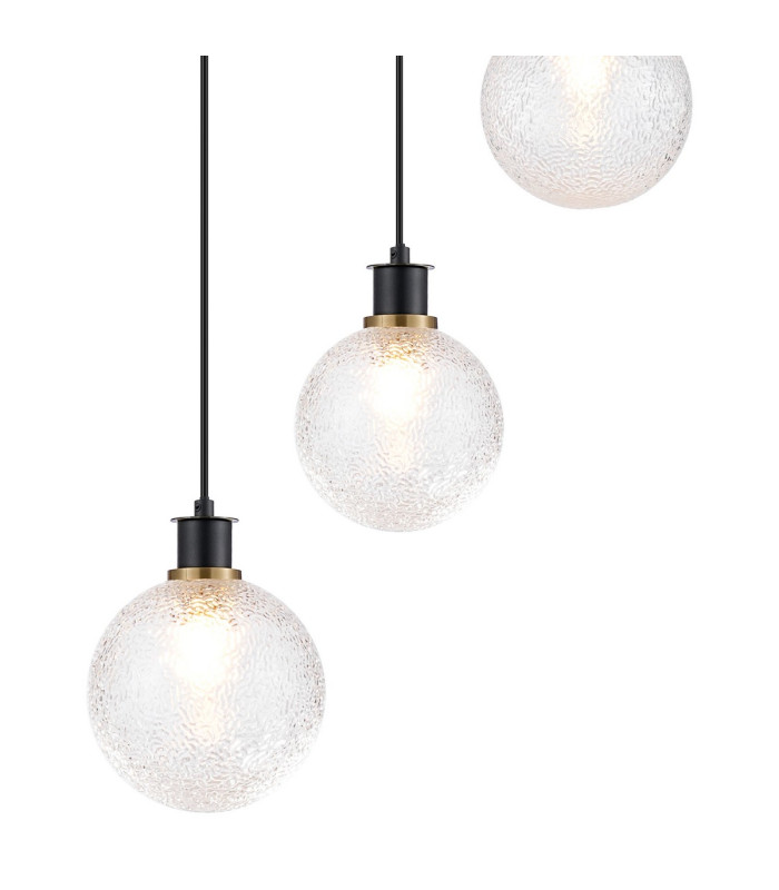Placid 48cm Round Pendant 5 Light E14 15cm Round Dimpled Glass Shade Brass Clear & Satin Black-6