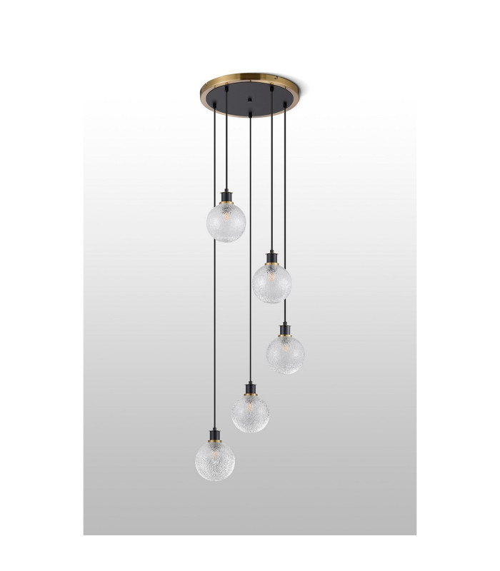 Placid 48cm Round Pendant 5 Light E14 15cm Round Dimpled Glass Shade Brass Clear & Satin Black-7