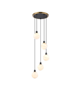 Placid 48cm Round Pendant 5 Light E14 15cm Round White & Grey Marble Effect Glass Shade Brass & Satin Black Framework-1