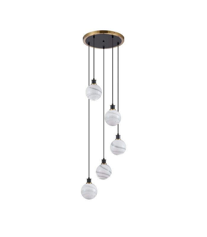 Placid 48cm Round Pendant 5 Light E14 15cm Round White & Grey Marble Effect Glass Shade Brass & Satin Black Framework-4