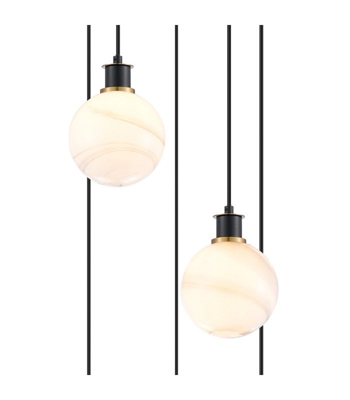 Placid 48cm Round Pendant 5 Light E14 15cm Round White & Grey Marble Effect Glass Shade Brass & Satin Black Framework-6