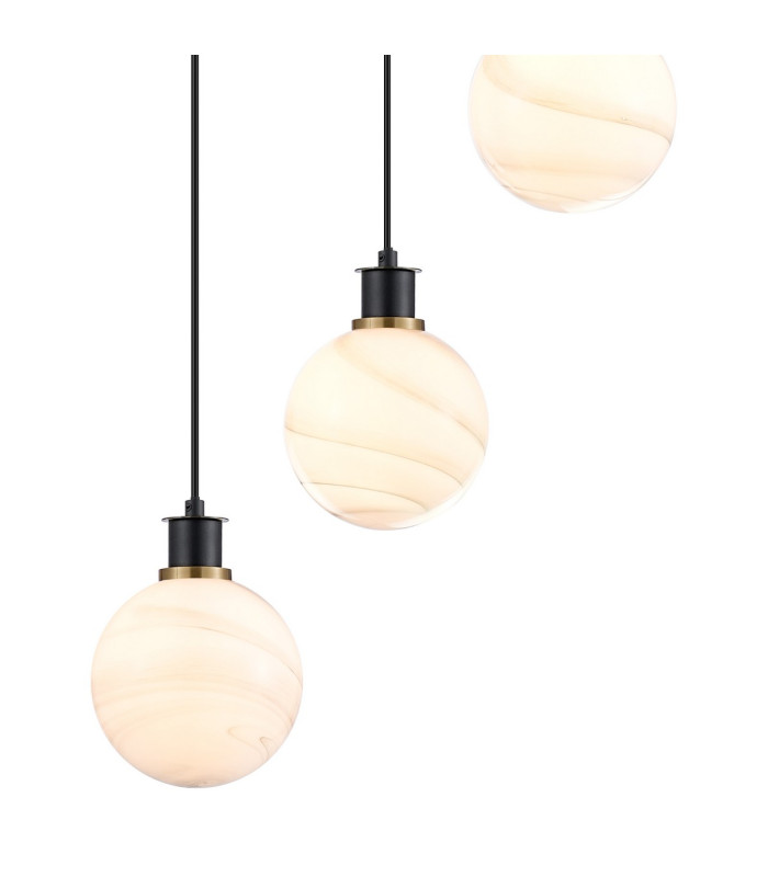 Placid 48cm Round Pendant 5 Light E14 15cm Round White & Grey Marble Effect Glass Shade Brass & Satin Black Framework-7