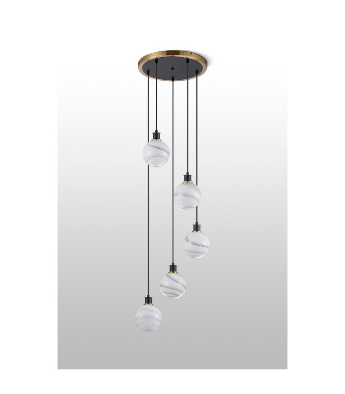 Placid 48cm Round Pendant 5 Light E14 15cm Round White & Grey Marble Effect Glass Shade Brass & Satin Black Framework-8