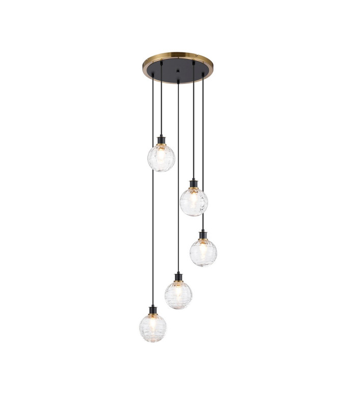 Placid 48cm Round Pendant 5 Light E14 15cm Round Textured Melting Glass Shade Brass Clear & Satin Black-1