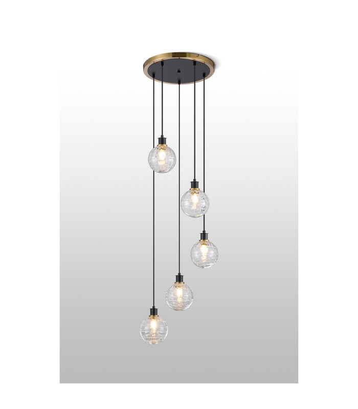 Placid 48cm Round Pendant 5 Light E14 15cm Round Textured Melting Glass Shade Brass Clear & Satin Black-3