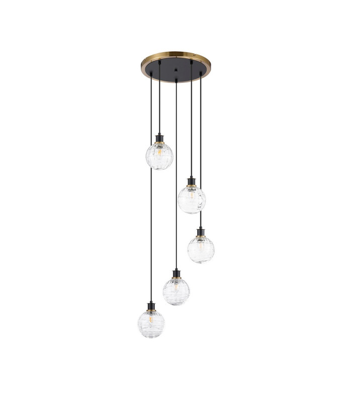 Placid 48cm Round Pendant 5 Light E14 15cm Round Textured Melting Glass Shade Brass Clear & Satin Black-4
