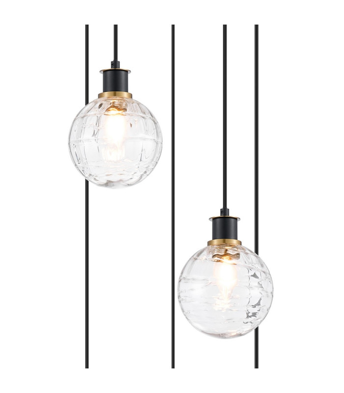 Placid 48cm Round Pendant 5 Light E14 15cm Round Textured Melting Glass Shade Brass Clear & Satin Black-6