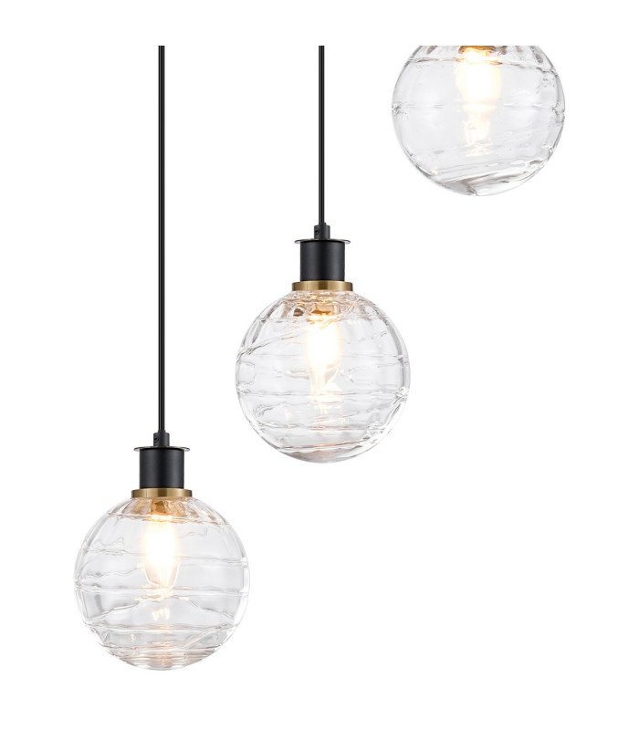 Placid 48cm Round Pendant 5 Light E14 15cm Round Textured Melting Glass Shade Brass Clear & Satin Black-7