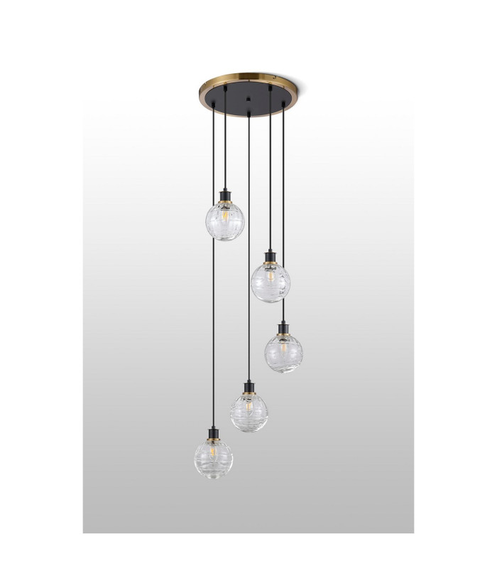 Placid 48cm Round Pendant 5 Light E14 15cm Round Textured Melting Glass Shade Brass Clear & Satin Black-8
