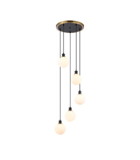 Placid 48cm Round Pendant 5 Light E14 15cm Round Glass Shade Brass Opal & Satin Black-1