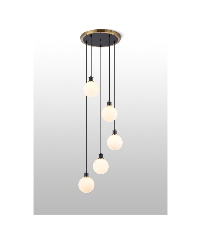 Placid 48cm Round Pendant 5 Light E14 15cm Round Glass Shade Brass Opal & Satin Black-3