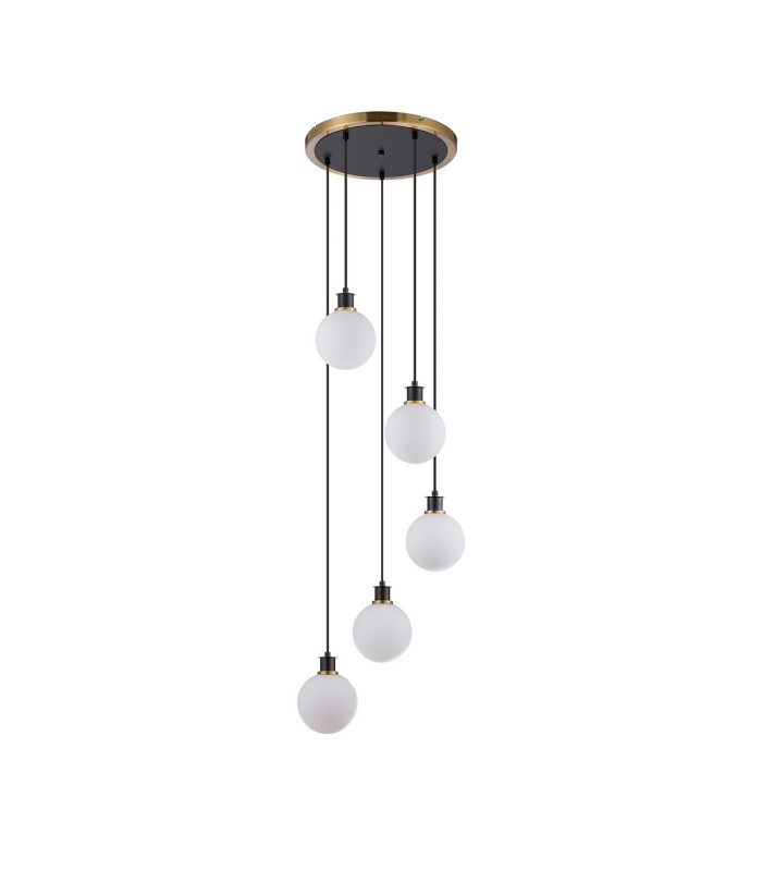 Placid 48cm Round Pendant 5 Light E14 15cm Round Glass Shade Brass Opal & Satin Black-4