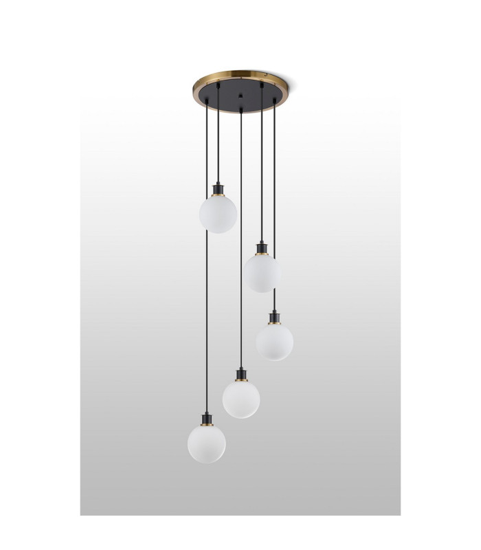 Placid 48cm Round Pendant 5 Light E14 15cm Round Glass Shade Brass Opal & Satin Black-8