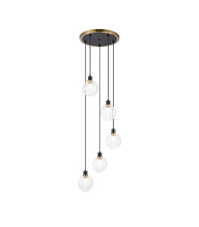 Placid 48cm Round Pendant 5 Light E14 15cm Round Ribbed Glass Shade Brass Clear & Satin Black-1
