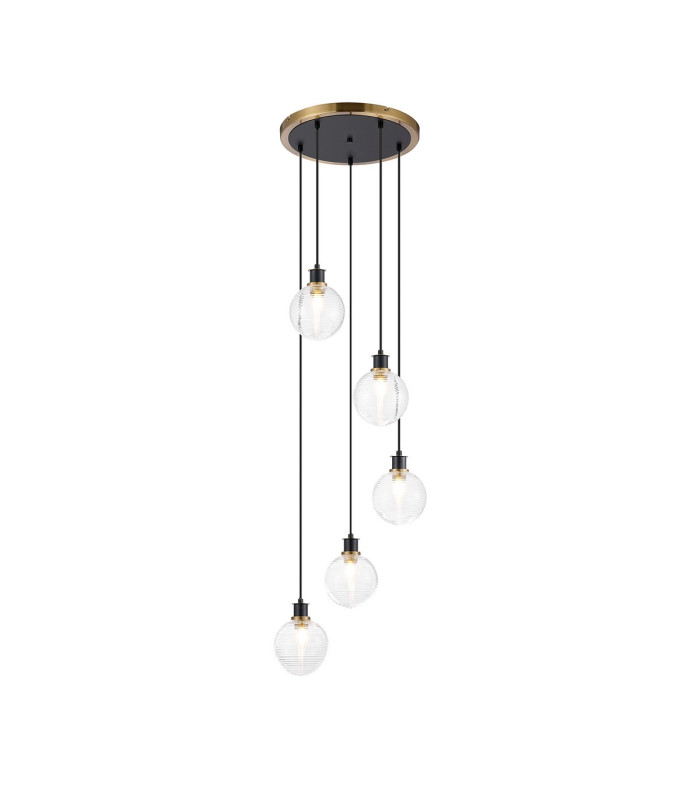 Placid 48cm Round Pendant 5 Light E14 15cm Round Ribbed Glass Shade Brass Clear & Satin Black-1