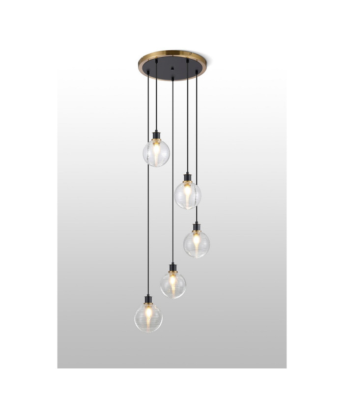 Placid 48cm Round Pendant 5 Light E14 15cm Round Ribbed Glass Shade Brass Clear & Satin Black-3