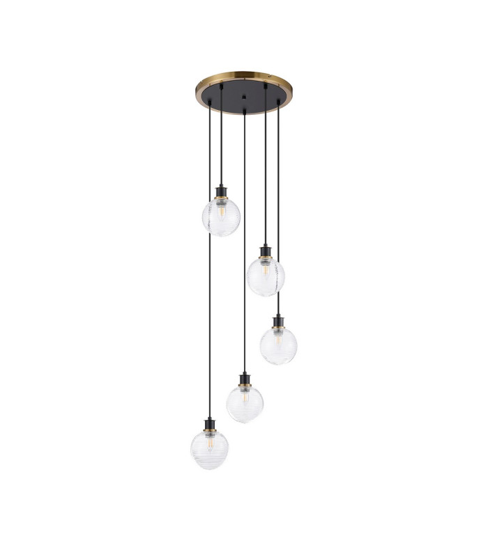 Placid 48cm Round Pendant 5 Light E14 15cm Round Ribbed Glass Shade Brass Clear & Satin Black-4
