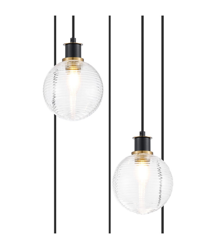 Placid 48cm Round Pendant 5 Light E14 15cm Round Ribbed Glass Shade Brass Clear & Satin Black-6