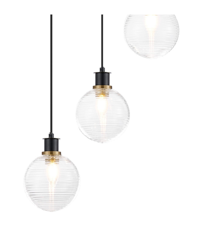 Placid 48cm Round Pendant 5 Light E14 15cm Round Ribbed Glass Shade Brass Clear & Satin Black-7
