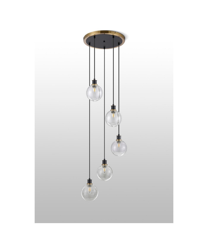 Placid 48cm Round Pendant 5 Light E14 15cm Round Ribbed Glass Shade Brass Clear & Satin Black-8