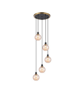 Placid 48cm Round Pendant 5 Light E14 15cm Round Segment Glass Shade Brass Amber Plated & Satin Black-1