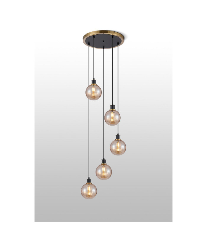 Placid 48cm Round Pendant 5 Light E14 15cm Round Segment Glass Shade Brass Amber Plated & Satin Black-3