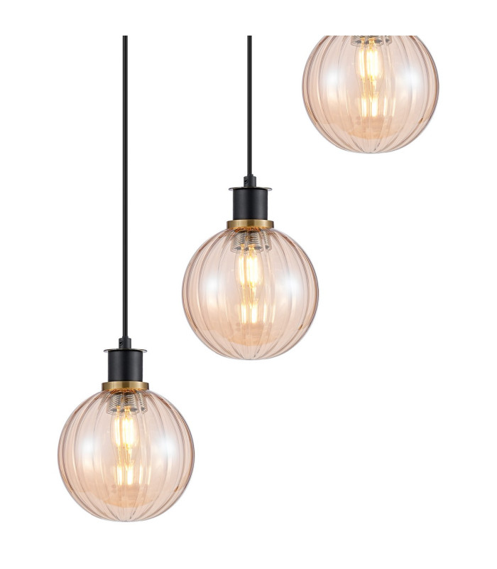 Placid 48cm Round Pendant 5 Light E14 15cm Round Segment Glass Shade Brass Amber Plated & Satin Black-7