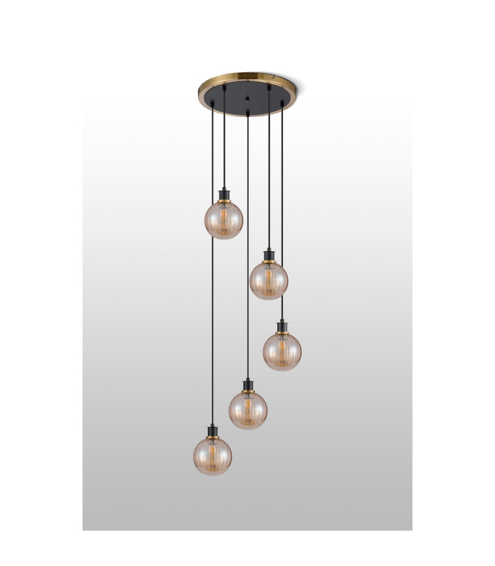 Placid 48cm Round Pendant 5 Light E14 15cm Round Segment Glass Shade Brass Amber Plated & Satin Black-8