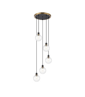Placid 48cm Round Pendant 5 Light E14 15cm Round Segment Glass Shade Brass Clear & Satin Black-1