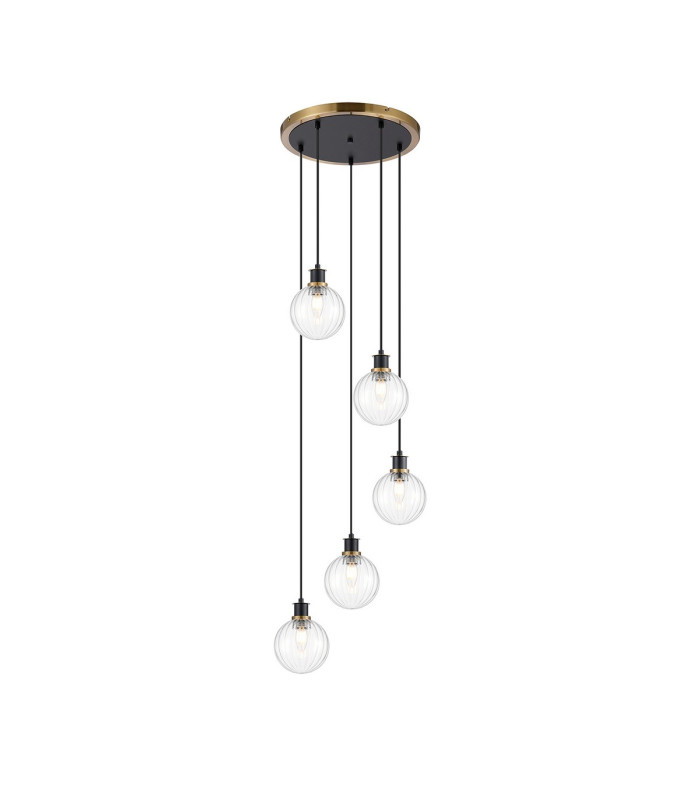 Placid 48cm Round Pendant 5 Light E14 15cm Round Segment Glass Shade Brass Clear & Satin Black-1
