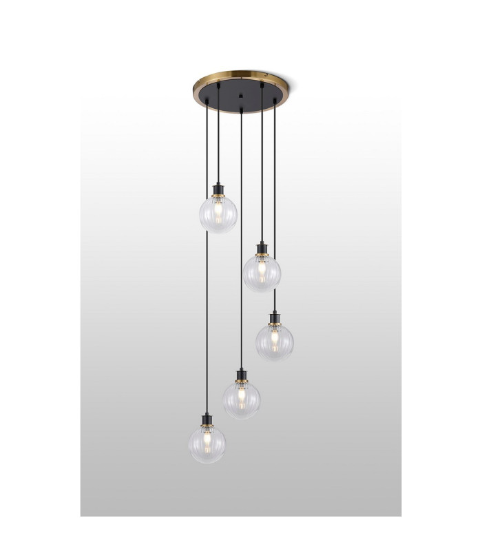 Placid 48cm Round Pendant 5 Light E14 15cm Round Segment Glass Shade Brass Clear & Satin Black-3