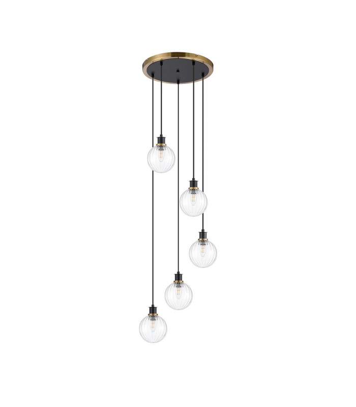 Placid 48cm Round Pendant 5 Light E14 15cm Round Segment Glass Shade Brass Clear & Satin Black-4
