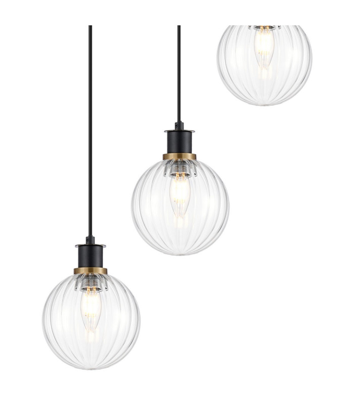 Placid 48cm Round Pendant 5 Light E14 15cm Round Segment Glass Shade Brass Clear & Satin Black-7