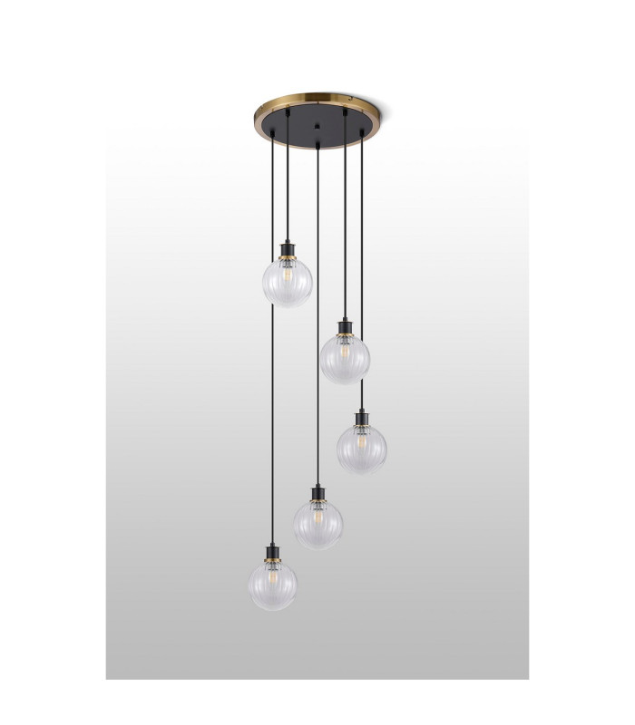 Placid 48cm Round Pendant 5 Light E14 15cm Round Segment Glass Shade Brass Clear & Satin Black-8