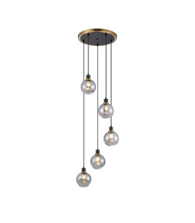 Placid 48cm Round Pendant 5 Light E14 15cm Round Segment Glass Shade Brass Smoke Plated & Satin Black-1