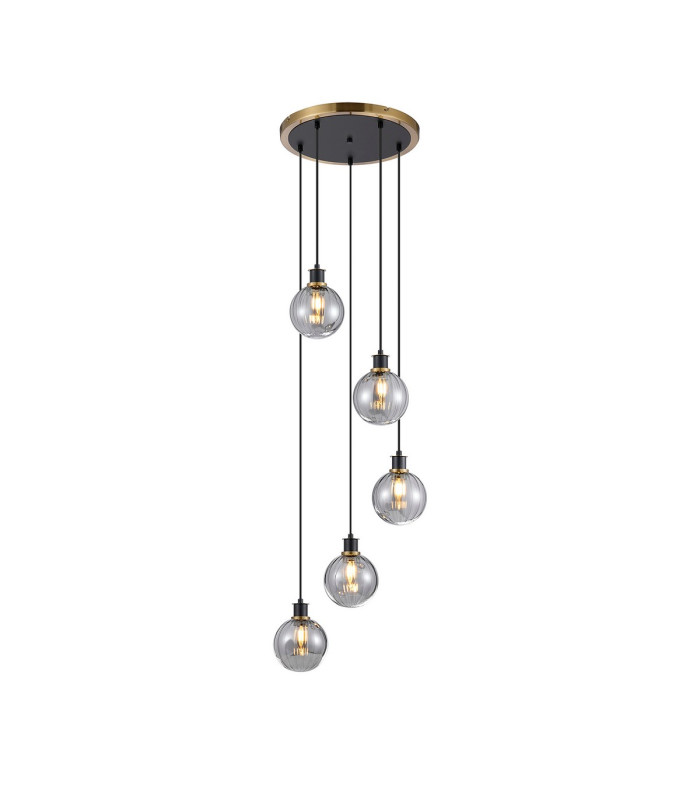 Placid 48cm Round Pendant 5 Light E14 15cm Round Segment Glass Shade Brass Smoke Plated & Satin Black-1