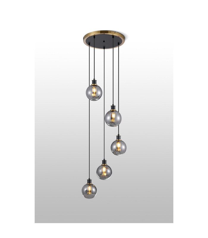 Placid 48cm Round Pendant 5 Light E14 15cm Round Segment Glass Shade Brass Smoke Plated & Satin Black-3