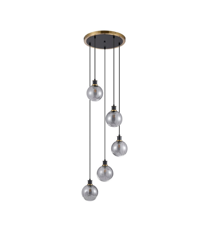 Placid 48cm Round Pendant 5 Light E14 15cm Round Segment Glass Shade Brass Smoke Plated & Satin Black-4